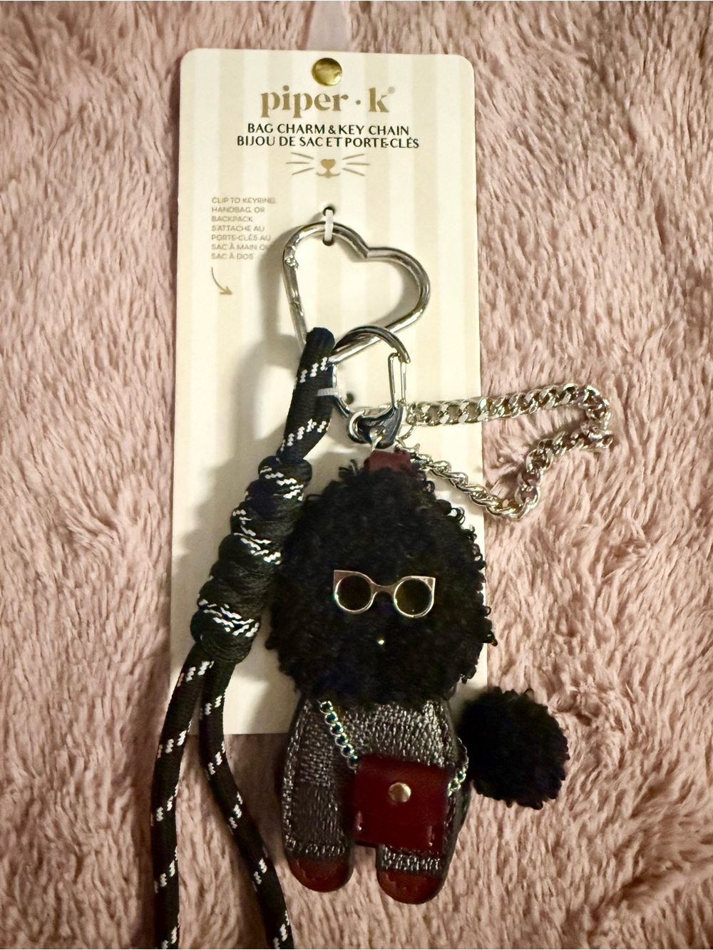Piper K Black Faux-Fur Pom-Pom Key Charm with Silver Accents